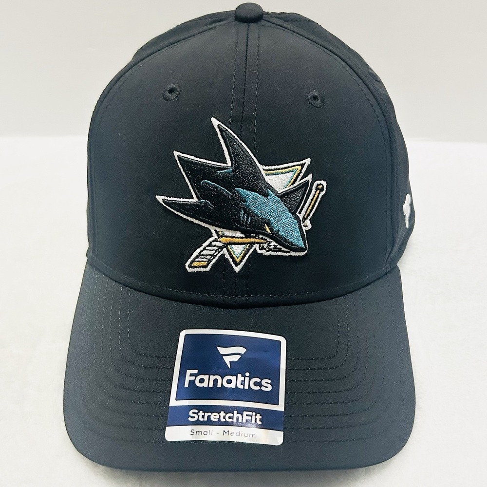 Fanatics San Jose Sharks Logo Stretch Flex Fit Hat Cap S/M Black NHL Hockey - Picture 2 of 5